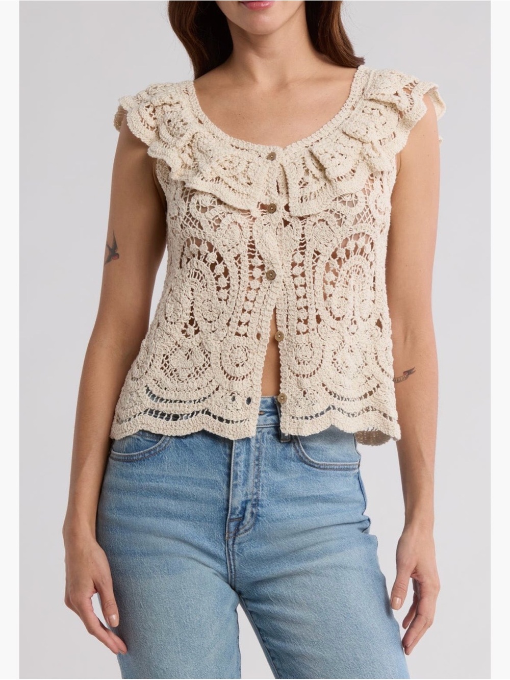 Open-Knit Ruffle Collar crocheted Cardigan in Cream